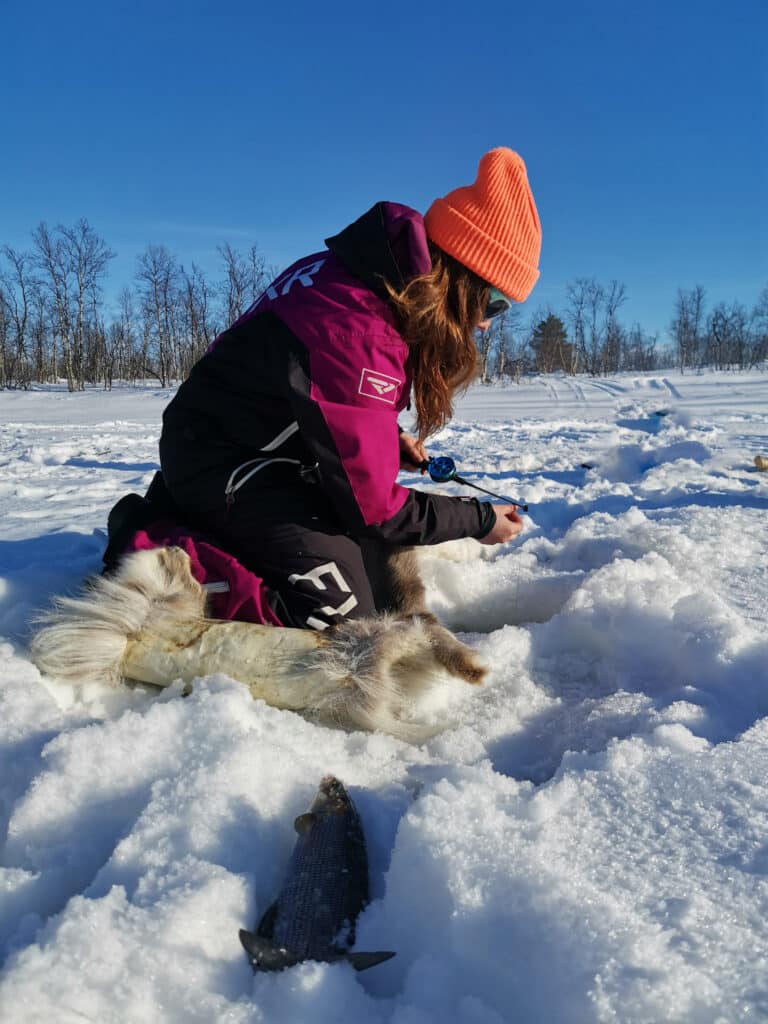 A woman ice fishing in Hetta Enontekiö Lapland and has catch a grayling.