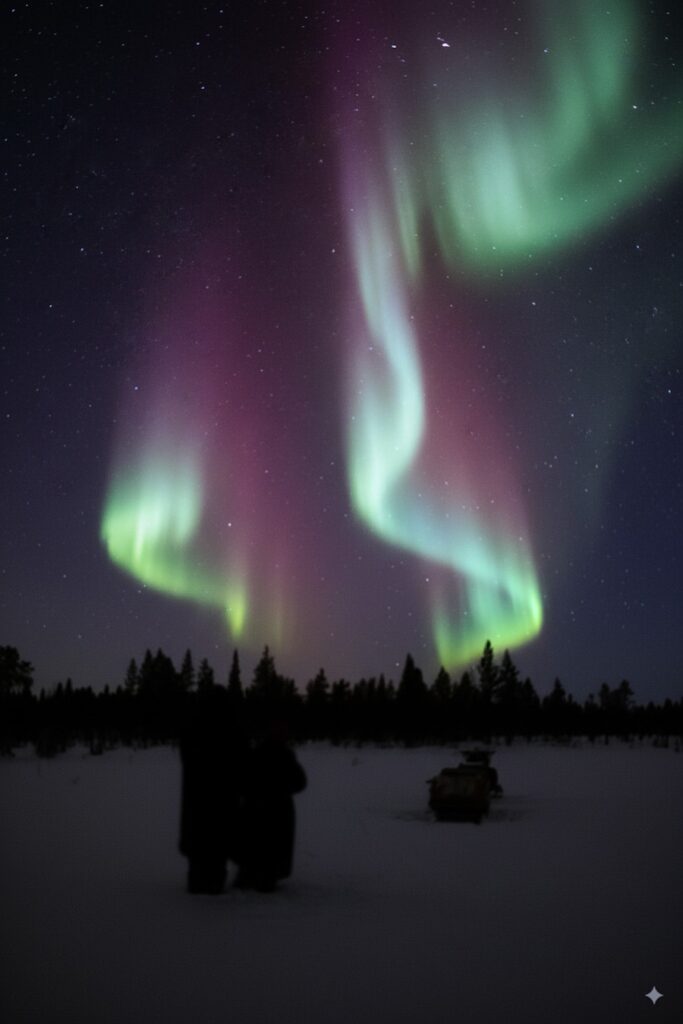 Two people are looking the Northern Lights in Hetta Lapland.